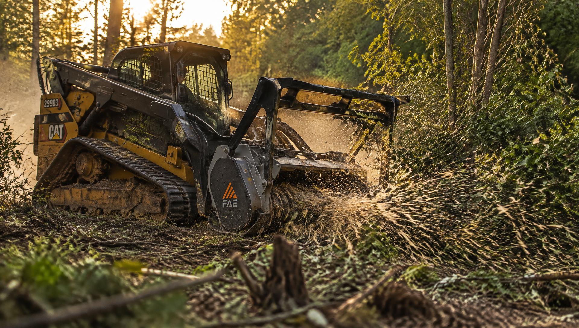 Forestry mulching machine clearing brush in a forest
